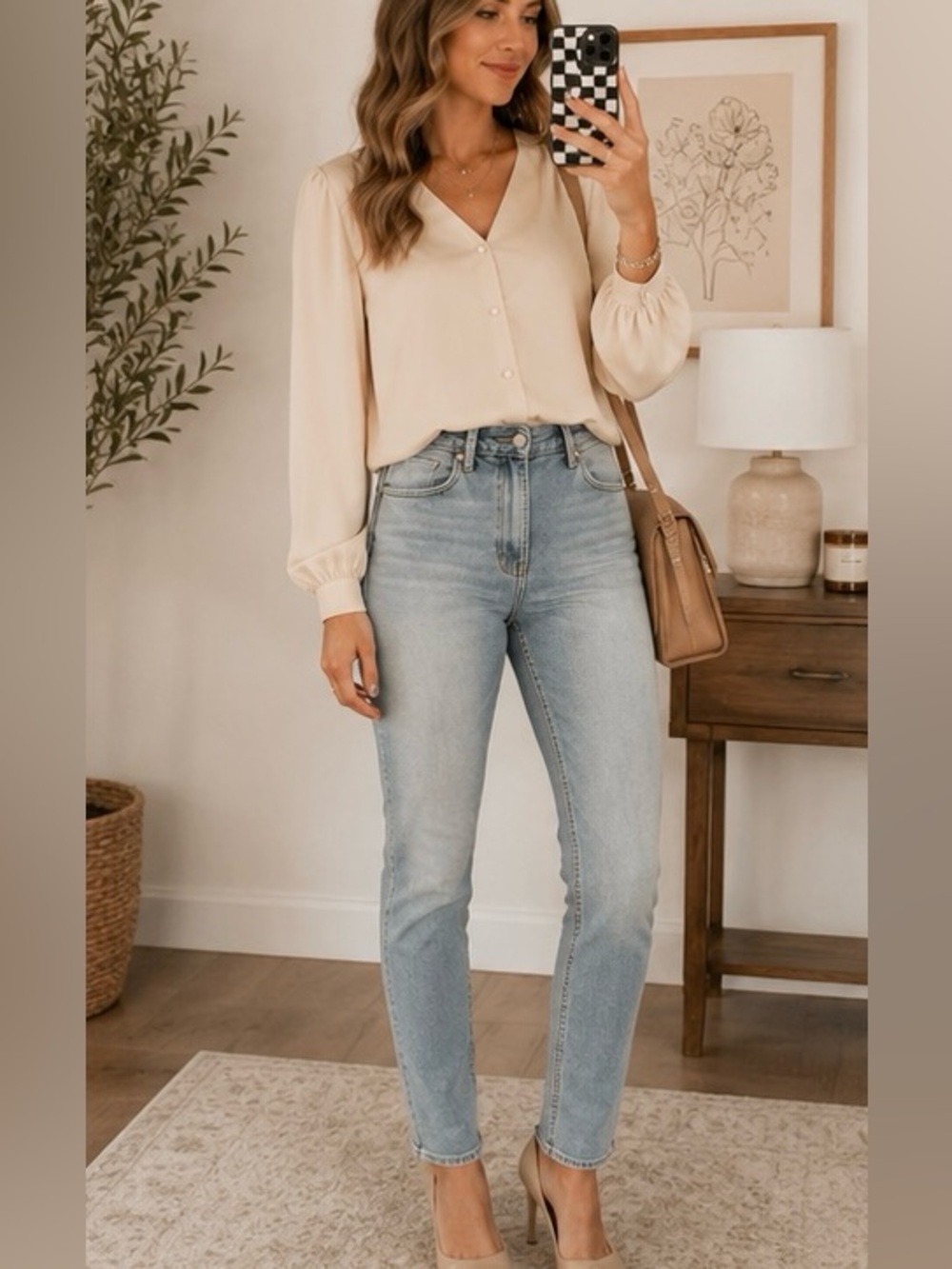 Dazy Pearl-Button Cream Long-Sleeve Blouse